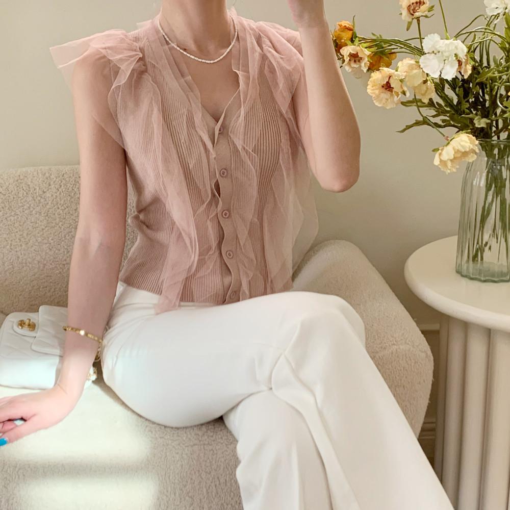 [나시ver] 엔젤 망사 프릴 슬림 골지 니트 나시 / 인디핑크, 화이트, 블랙