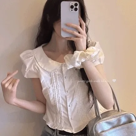 [청순 완전정복🤍/콩단추!] 핀턱 둥근 카라 레이스 반팔 퍼프 크롭 블라우스