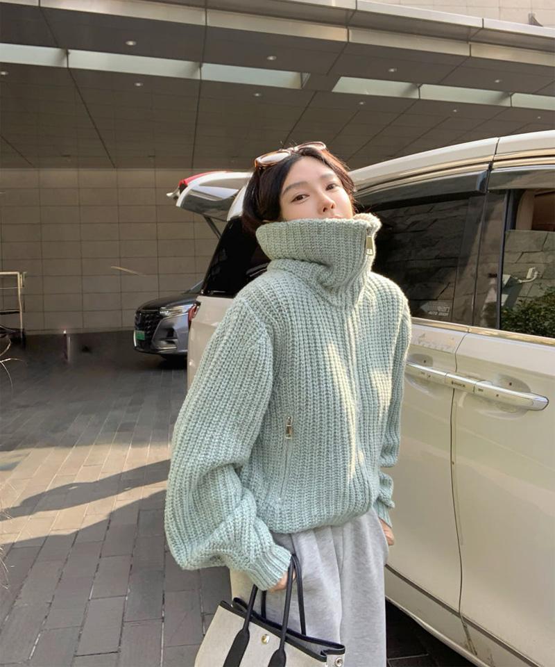 하이넥 카라 와플니트 집업 가디건