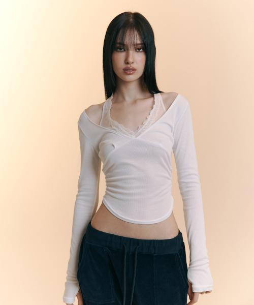 Amelia Lace Halter Long Sleeve Top  (Ivory)