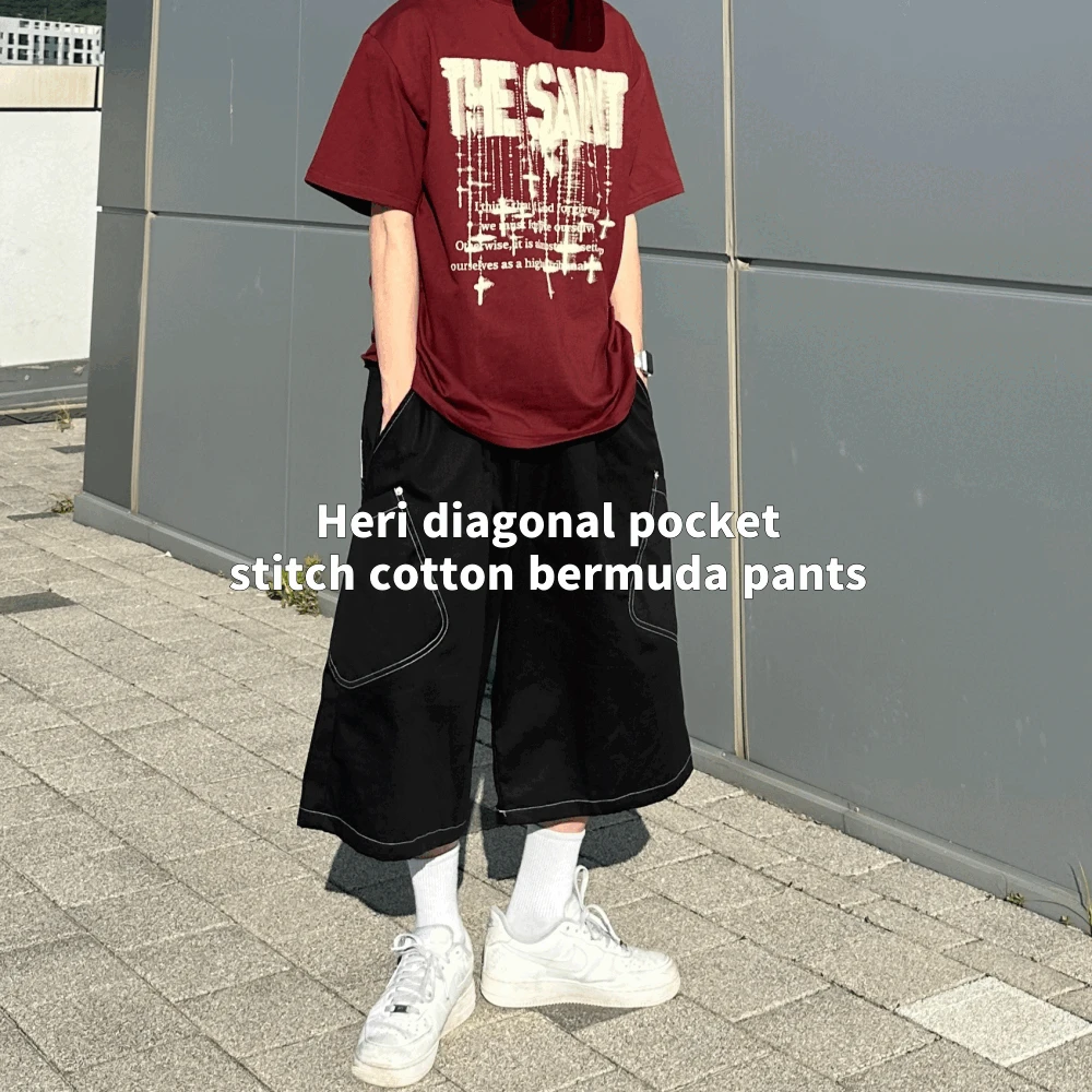 헤리 사선 포켓 스티치 코튼 버뮤다 팬츠