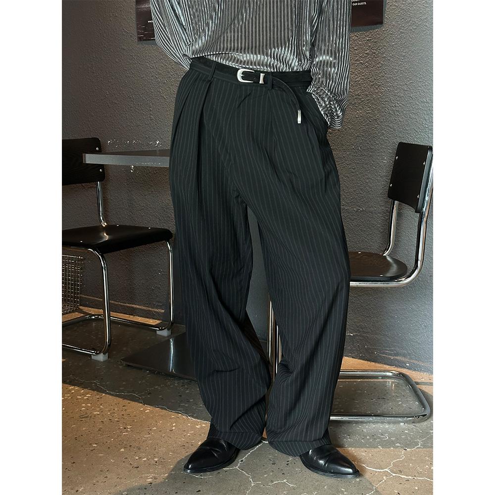 [Unisex] Stripe tuck wide slacks(2color)