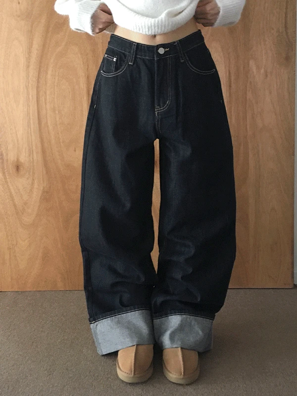 [롤업포인트🖤] 칼럼 데님 생지 롤업 와이드 팬츠 청바지 2color