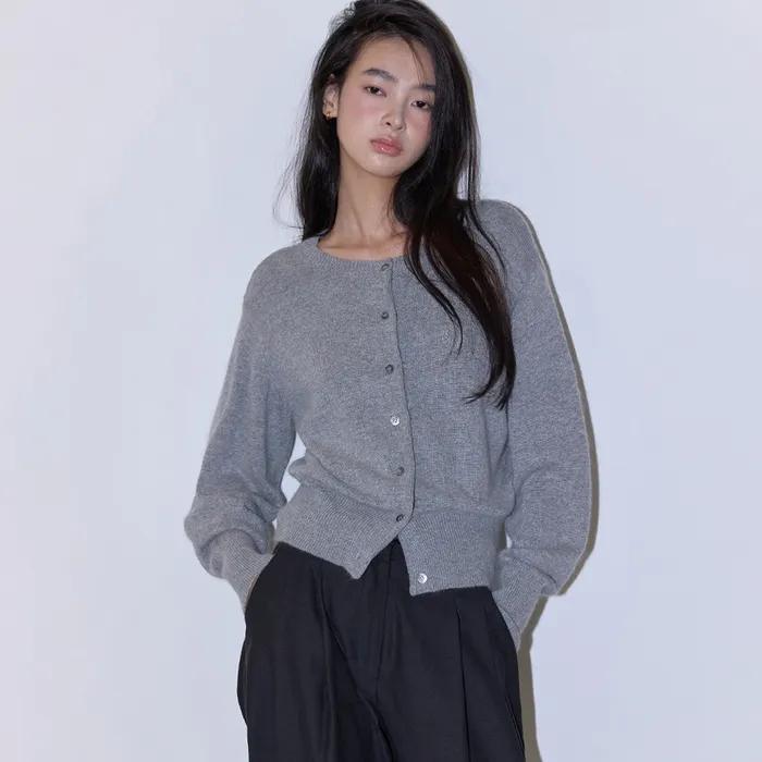 PUFF SLEEVE ANGORA WOOL CARDIGAN GREY