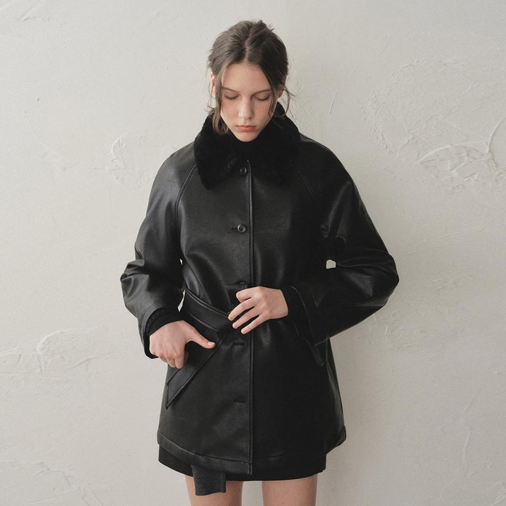 언샘블 퍼 레더 하프 코트_Black