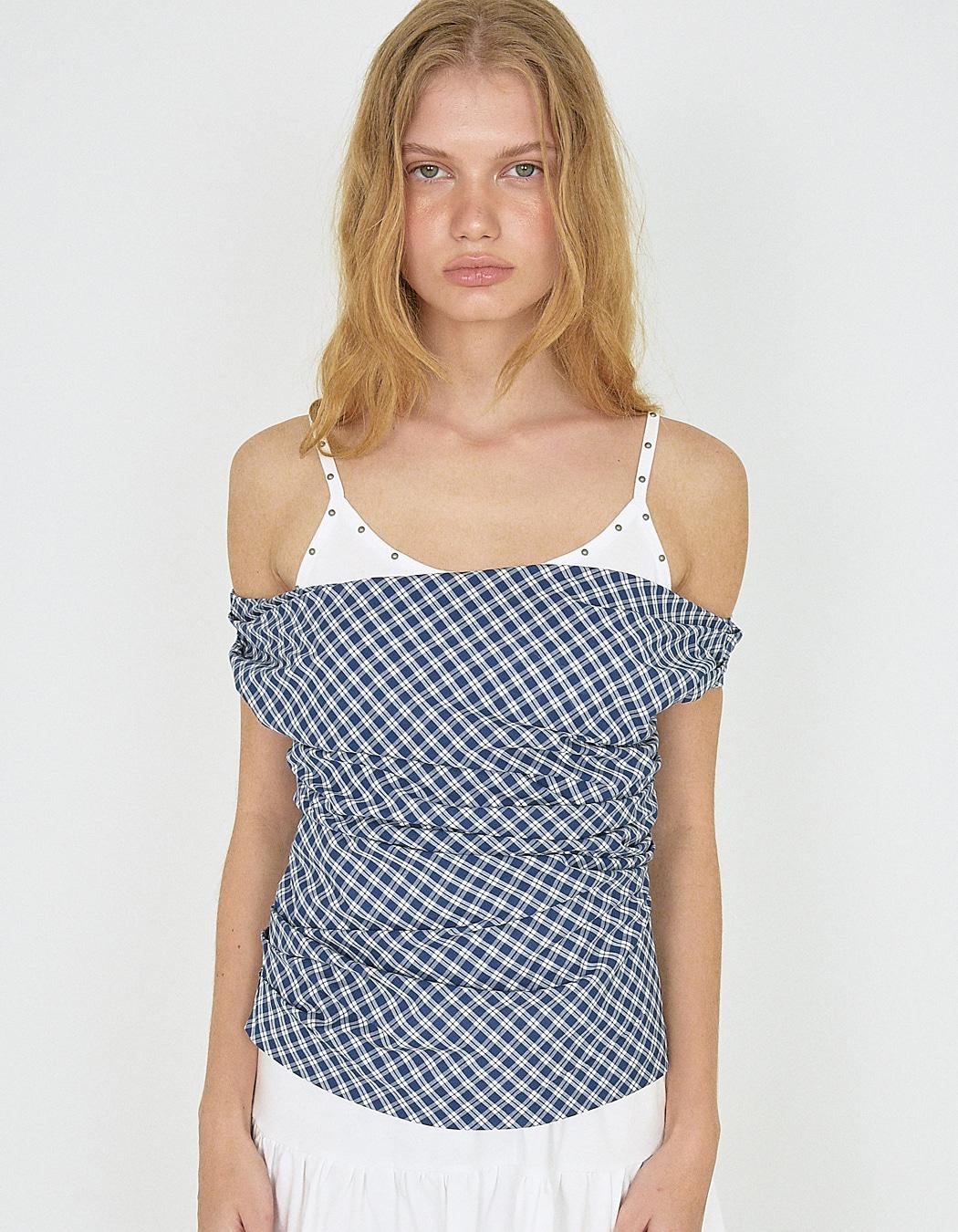 RUCHED CHECK OFF-SHOULDER TOP, BLUE