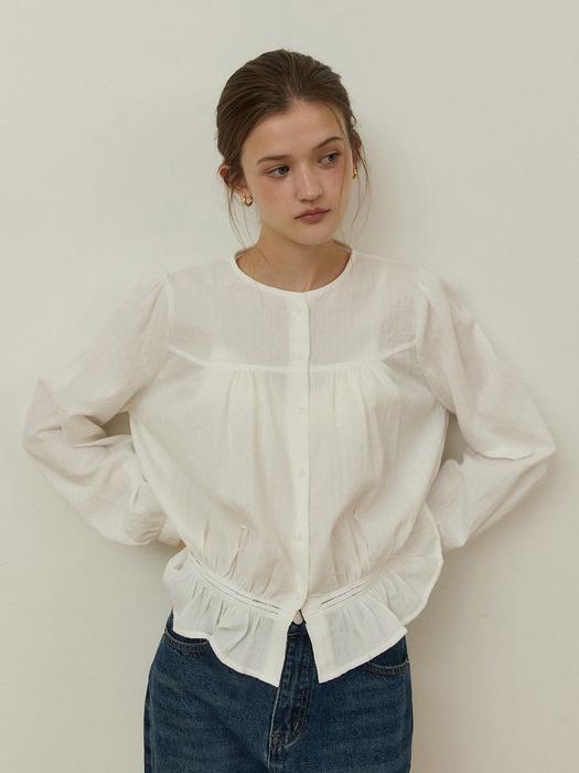 Jacquard shirring lace stripe blouse - white