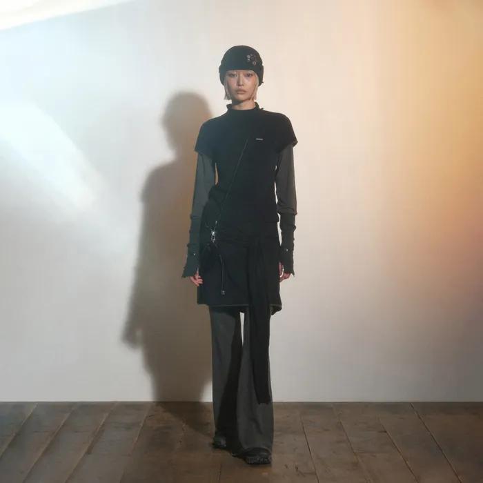 TWO-TONE LAYERED TIED SKIRT PANTS-BLACK