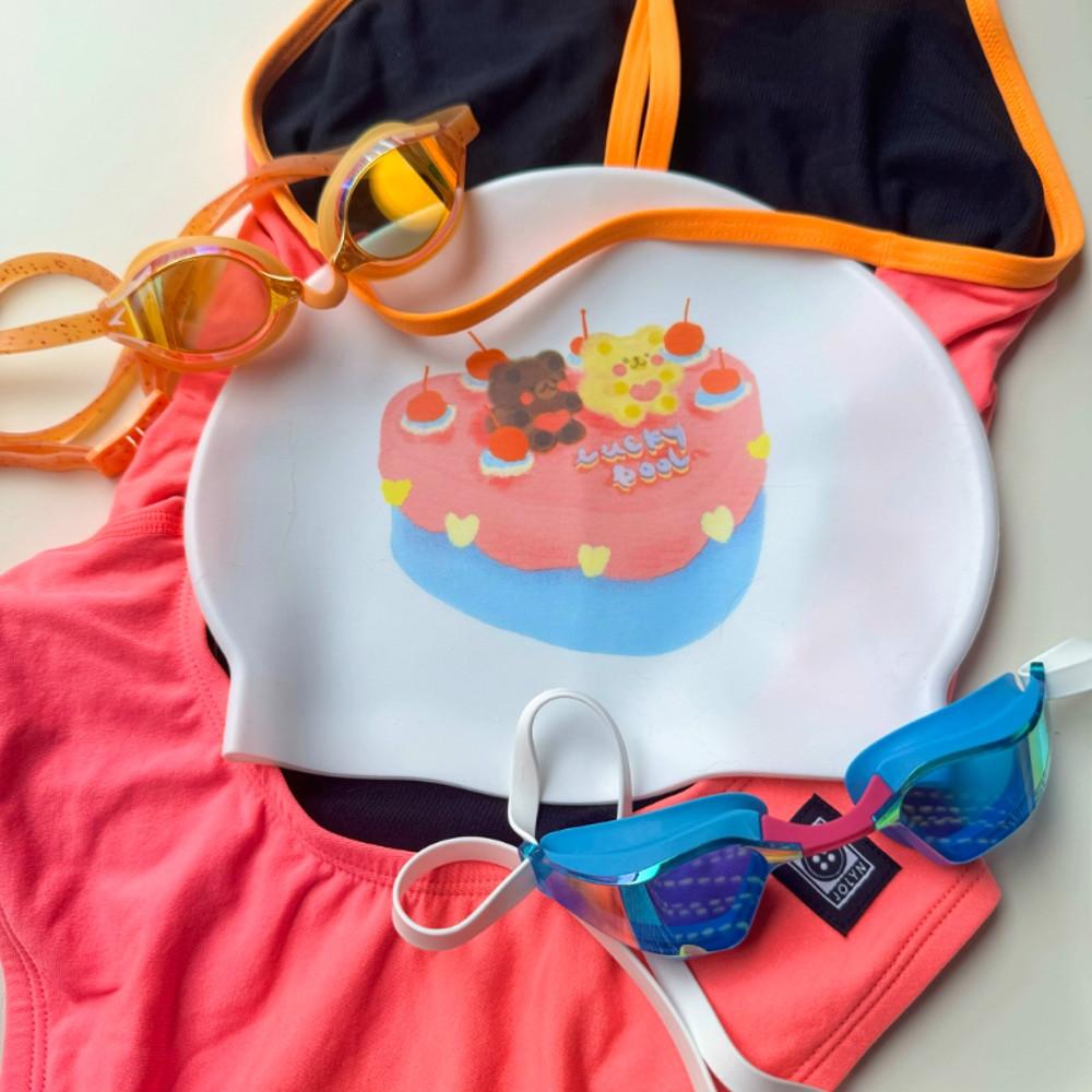 럭키풀 귀여운 테티베어 케이크 실리콘 수모 수영모자 수영모