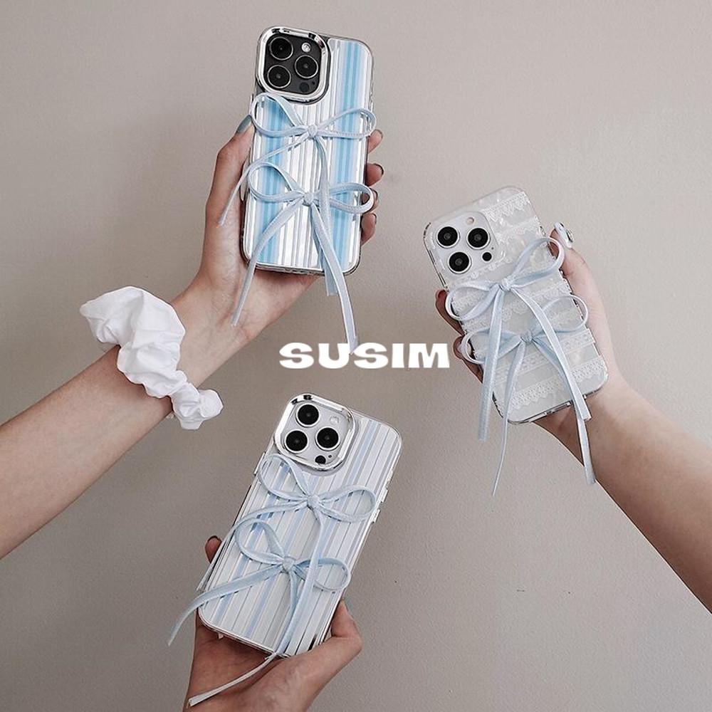 수심 Blue Ribbon Case 아이폰 케이스 리본 스트라이프 러블리 블루 y2k폰
