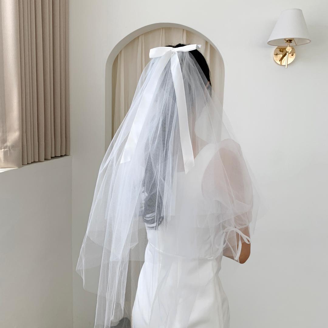 모반디 벨라 화이트 리본 베일, 셀프웨딩 브라이덜샤워 스냅촬영 헤어 소품 파티 코스튬