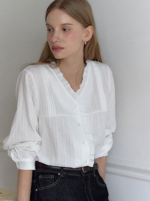 V-Neck Ruffle Pintuck Blouse - Ivory
