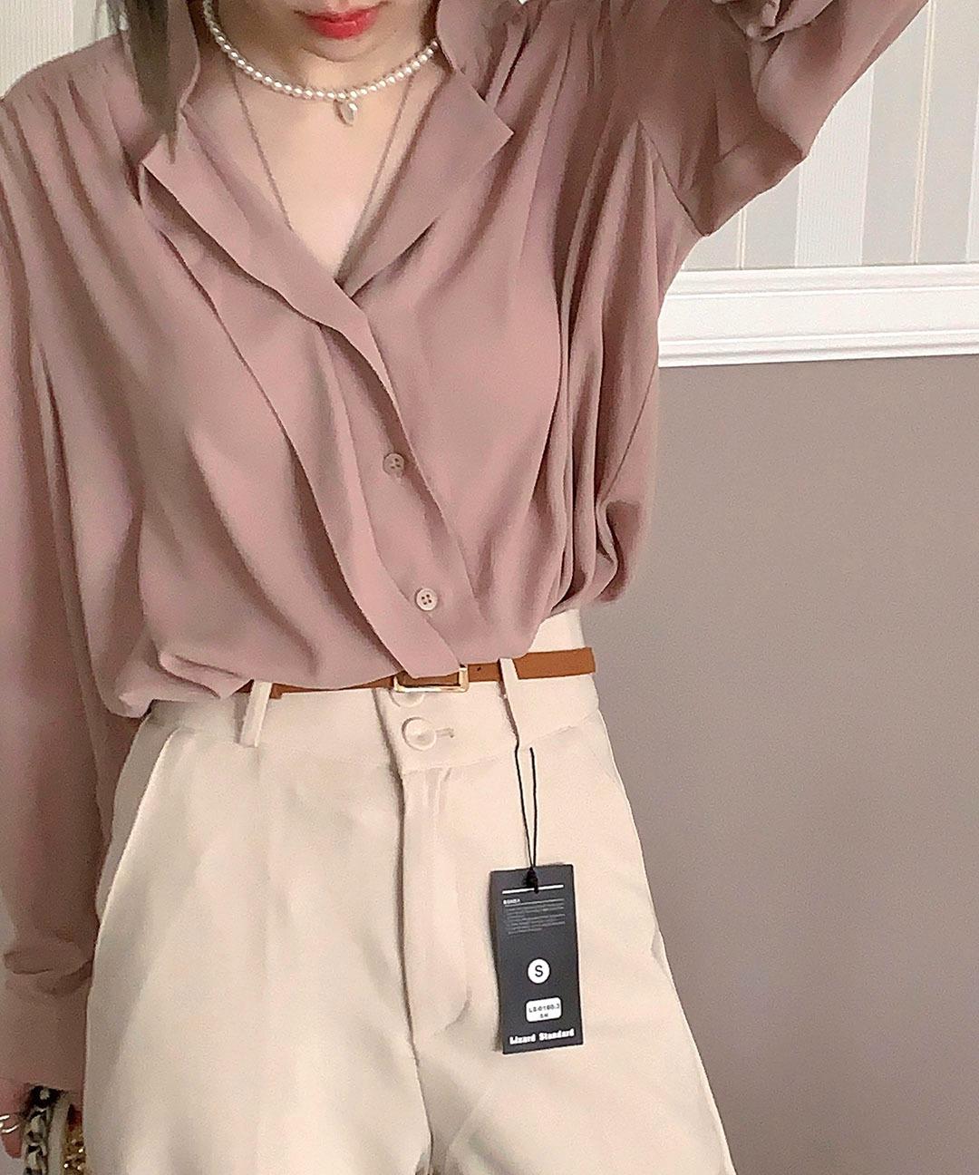 우아한 카라 셔링 인디핑크 베이지 구김없는 셔츠 쉬폰 실키 새틴 블라우스 3col