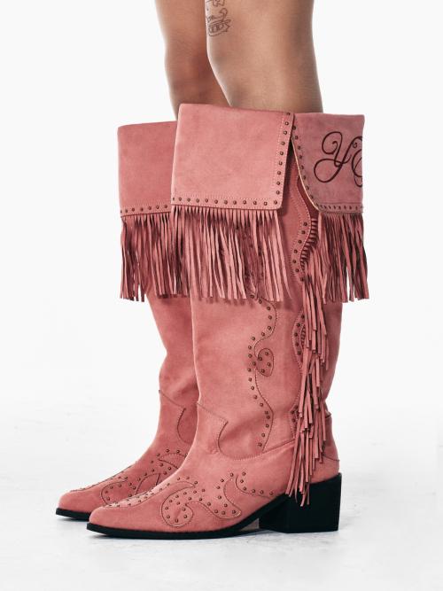STUDDED SUEDE FRINGE BOOTS PINK