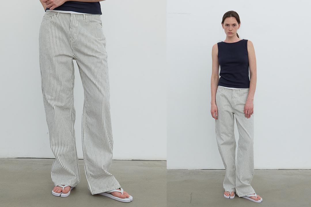 Stripe wide denim pants