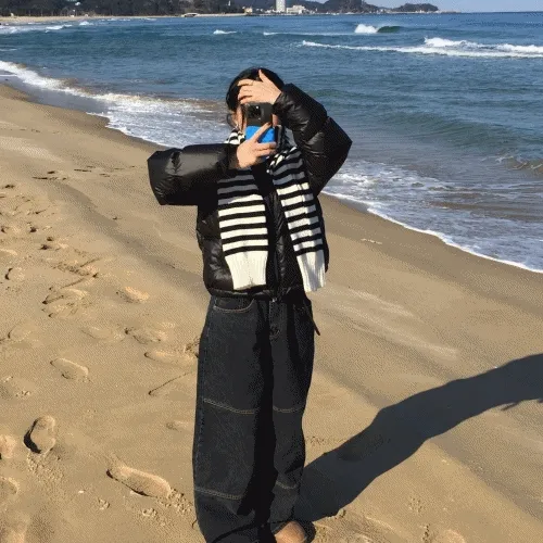 더블 스티치 다크 데님 와이드팬츠