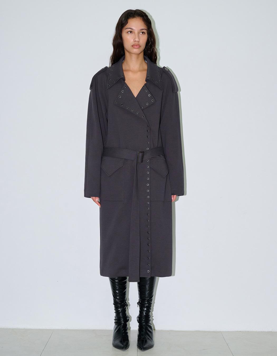 EYELET JERSEY TRENCH COAT, CHARCOAL