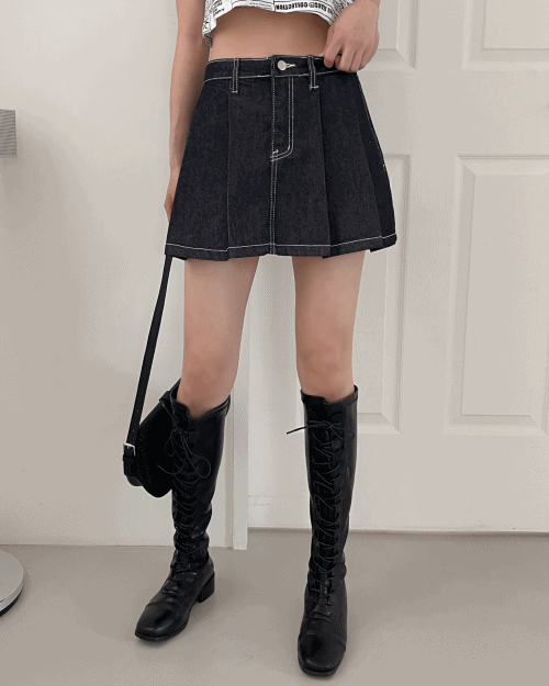 생지 데님 로우 플리츠 스커트