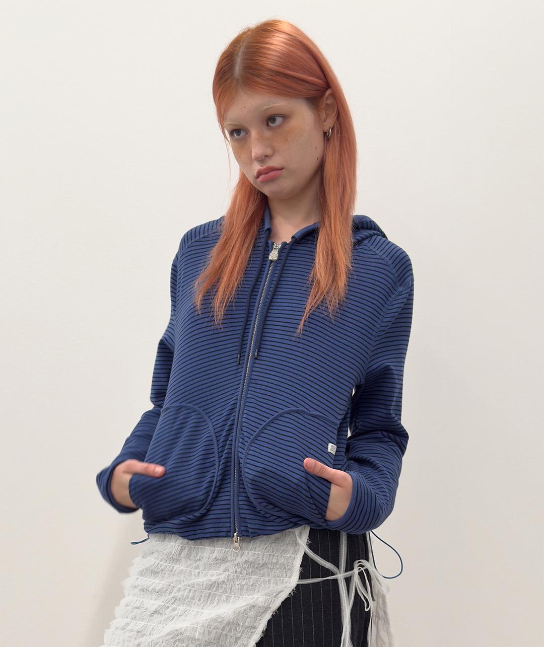 Striped Pocket Zip Hoodie [Blue]