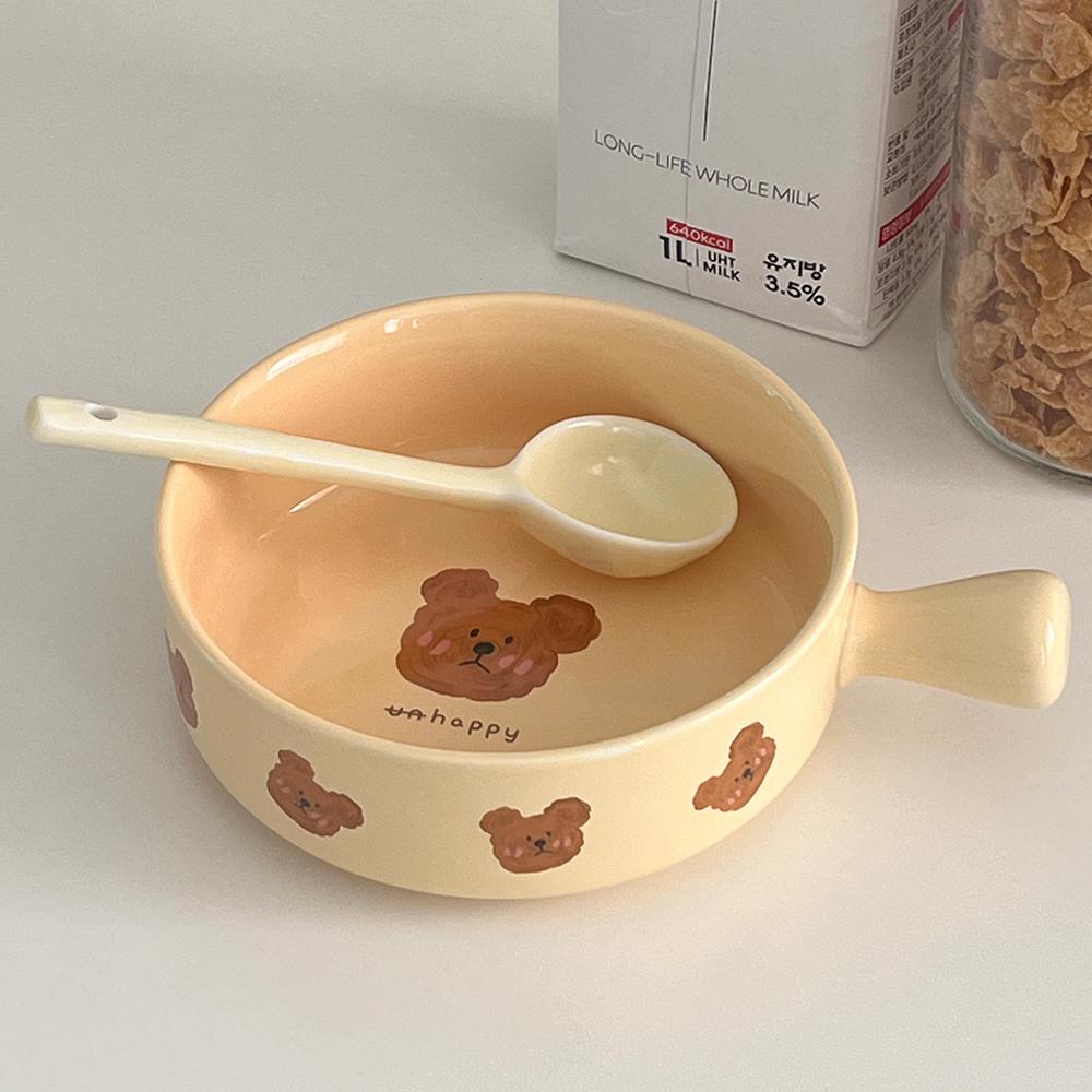 테디베어 핸들 플레이트 세트 (접시+스푼) 시리얼볼 귀여운 곰돌이 동물 식기 브런치 그릇 생일
