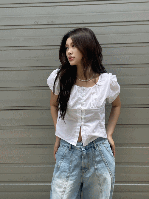 모크 퍼프 셔링 반팔 블라우스 (3color)