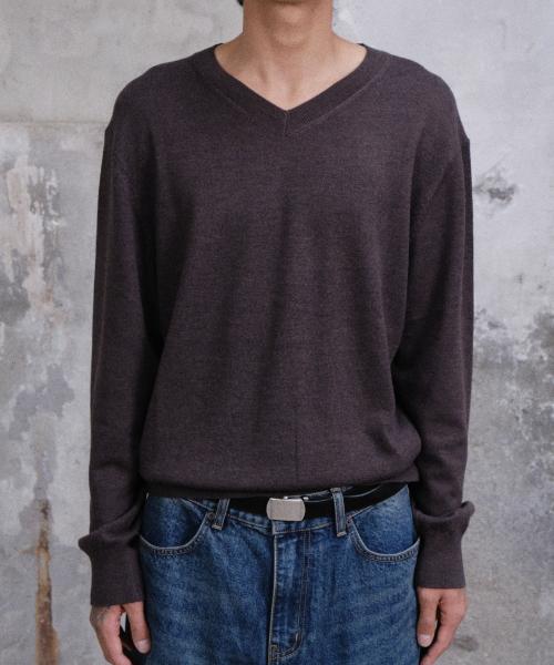 LOOSED FINE WOOL V-NECK KNIT (BROWN)