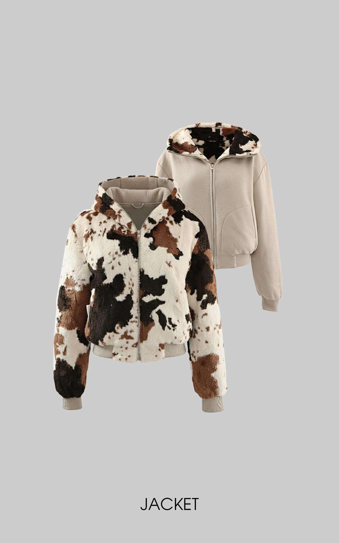 WARDEN EDGE Reversible Jacket with Smooth Knit and Cow-Pattern Furry Fabric