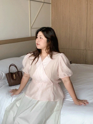 [뮤즈피엘자체제작][55-110]빅사이즈 하객룩 퓨어 텐셀 레이온 브이넥 랩 A라인 페플럼 블라우스