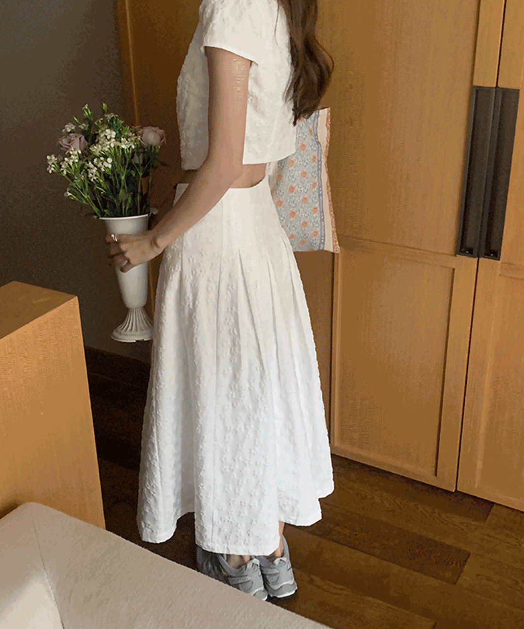 오호 [당일발송] 자체제작 투피스 프렌치 핀턱 플리츠 자카드 롱스커트 a라인 플레어 화이트 롱치마 웨딩드레스 셀프웨딩 피로연 투피스세트 가능-스커트