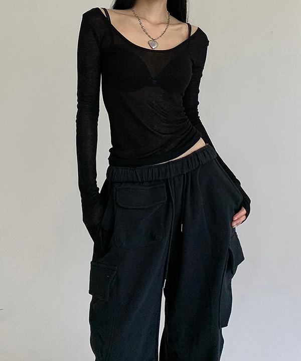 페이퍼 시스루 간절기 브이넥 가을 맥시 롱슬리브 슬림 티셔츠 탑(블랙,연그레이,화이트)