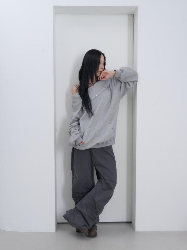 [ made ] eyelet open shoulder hood top / gray