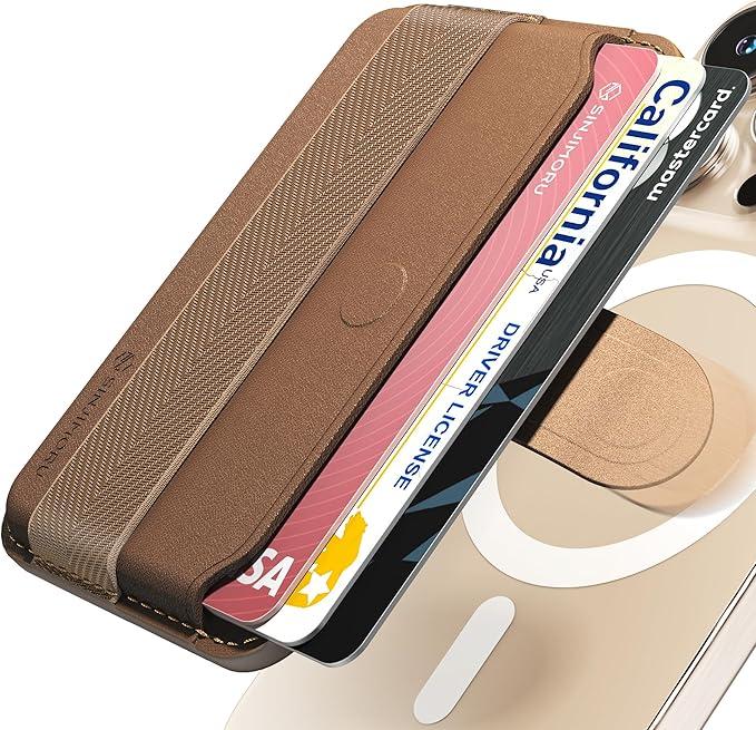 [Sinjimoru] Pull & Slide Magsafe Card Case, Includes Finger Grip, Smartphone Card Case, 3 Card Storage, Magsafe Wallet, Compatible with iPhone 16/15/14/13/12 Series, M-Pull Tab Band, Brown