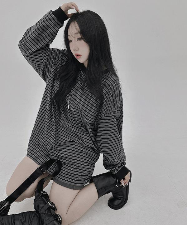 #13693 남녀공용 스트라이프 배색 오버핏 긴팔 롱슬리브 티셔츠 : 4color