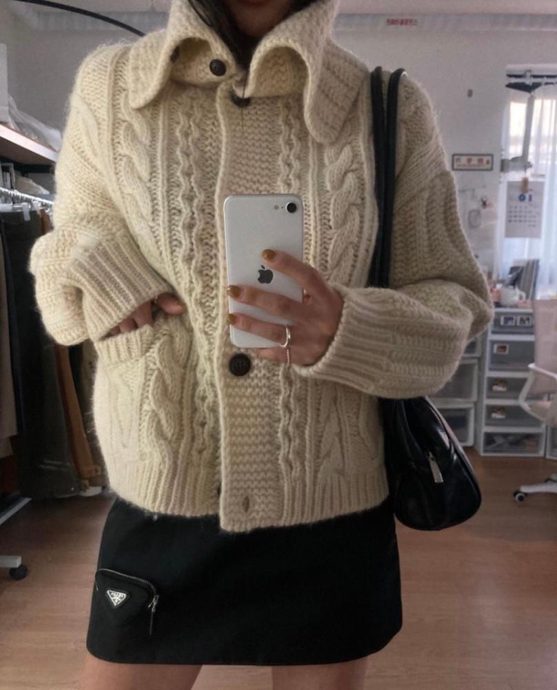 런던플랏 셔틀랜드 울 가디건 하이넥 꽈배기 울100 니트 (2컬러)