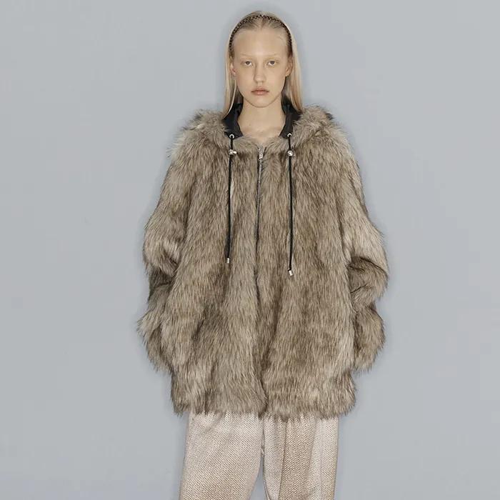 REVERSIBLE FAUX FUR HOOD JACKET (BEIGE)