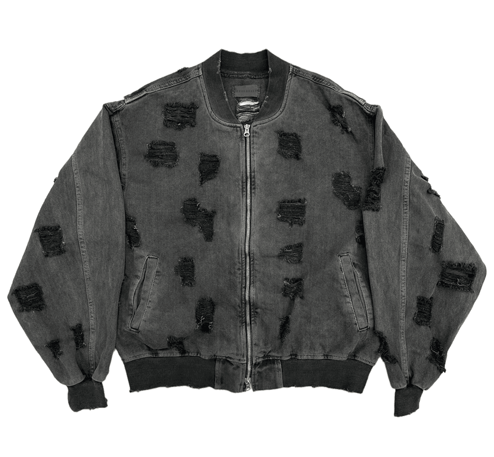 DAMAGED DENIM BOMBER JACKET [CHARCOAL]