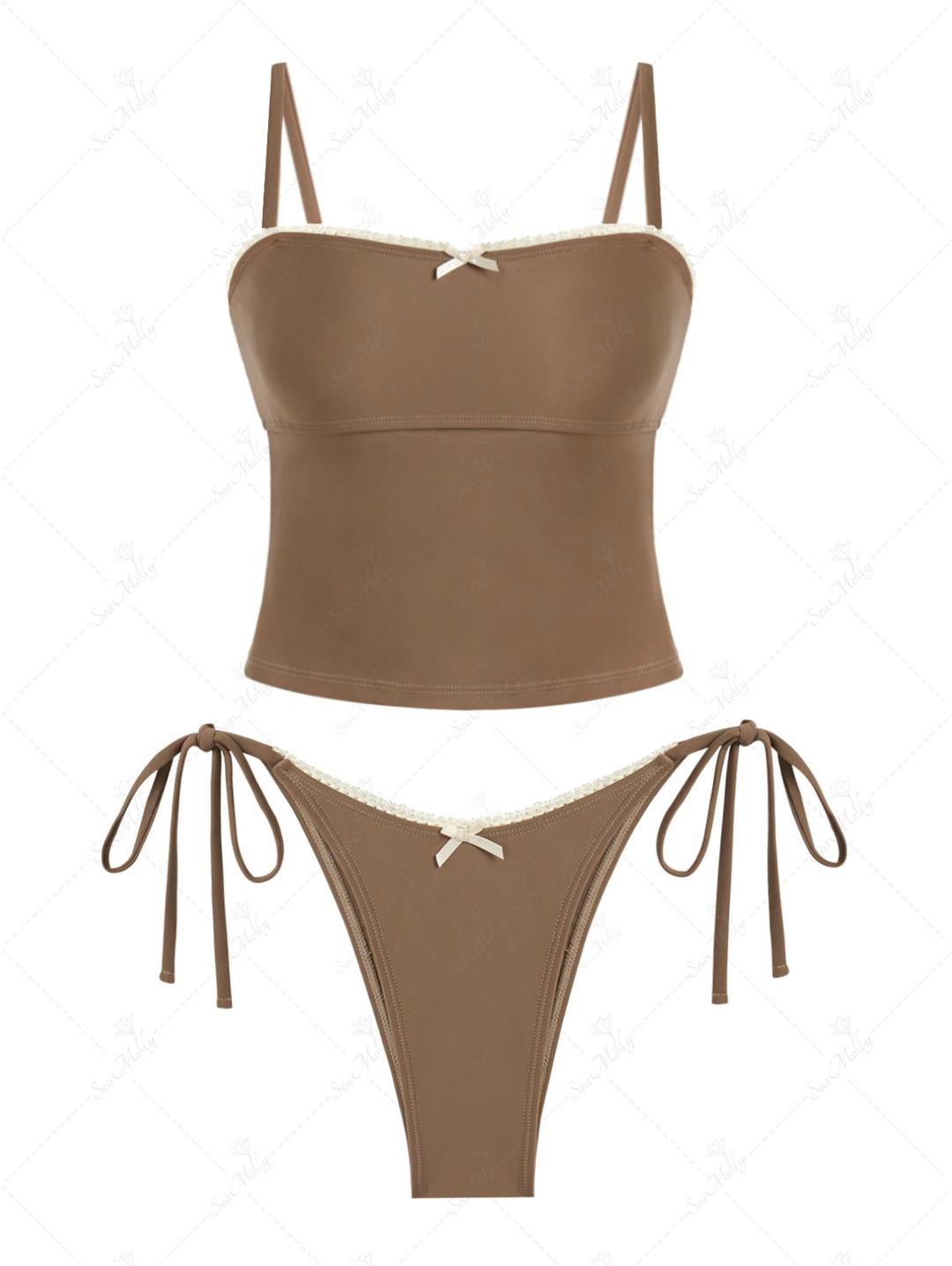 Seamolly Picot Trim Bow Decor Cinched Back Tie Side Tankini Set