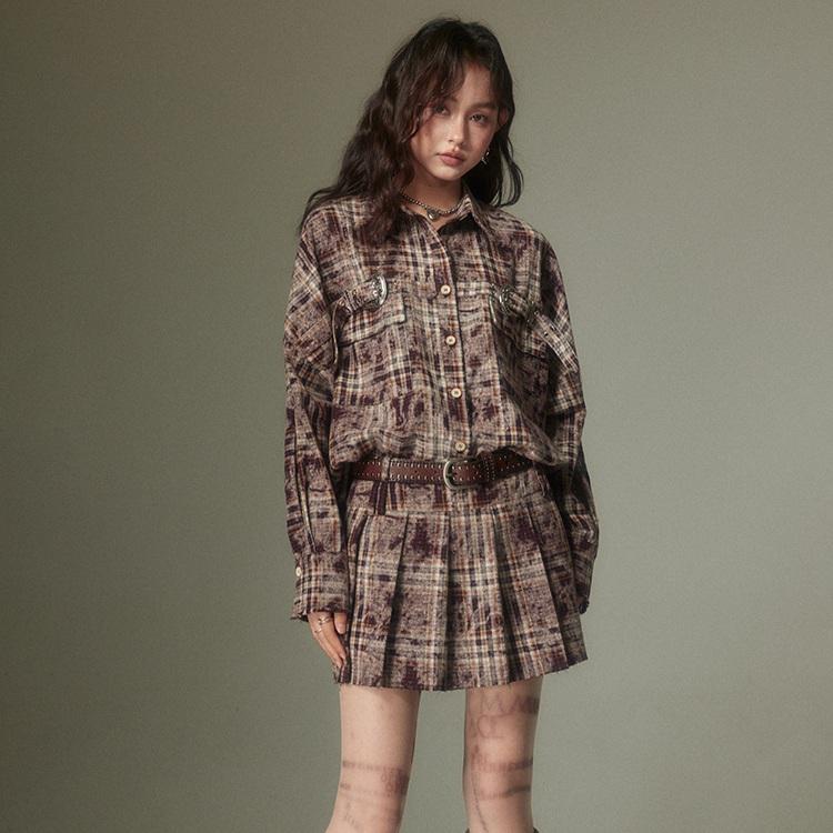 DIDDI MODA 체크 셋업 펑크 버건디 셔츠 스커트 가을 투피스