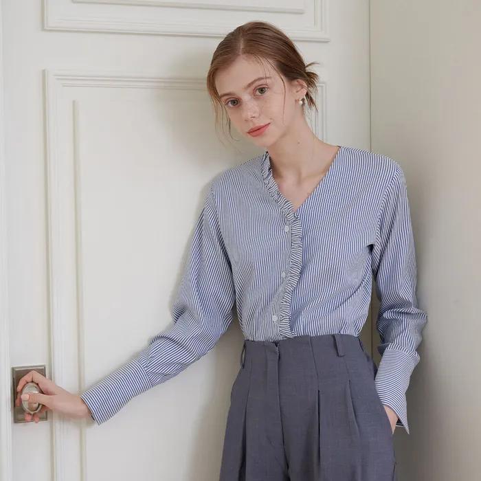 브이넥 프릴 셔츠 4COLOR