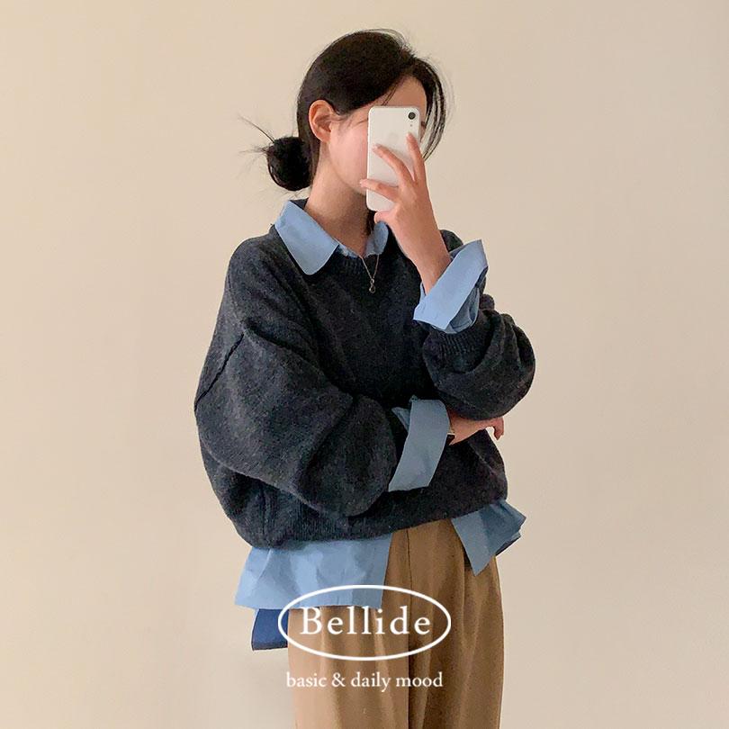 [벨리드made/울함유]라이크 패치 루즈핏 라운드 니트