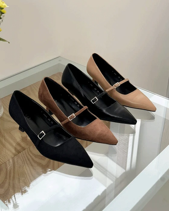 [당일출고] 유엠 하니스 스틸레토 버클 스웨이드 메리제인 힐 펌프스 (5cm)