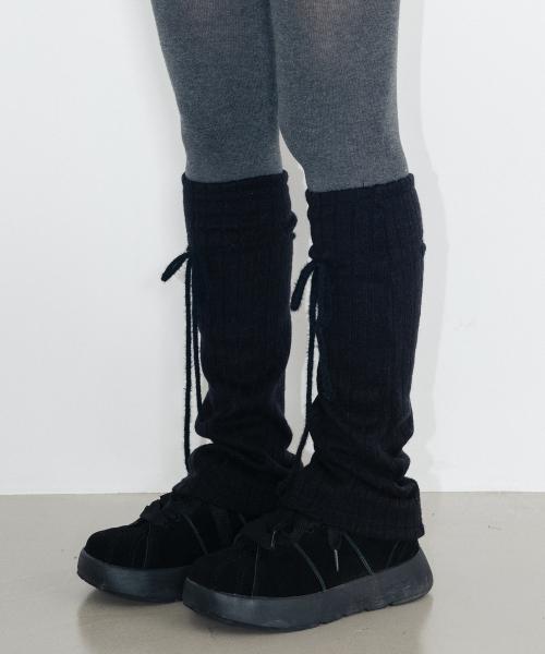 리본 울 골지 레그워머_블랙