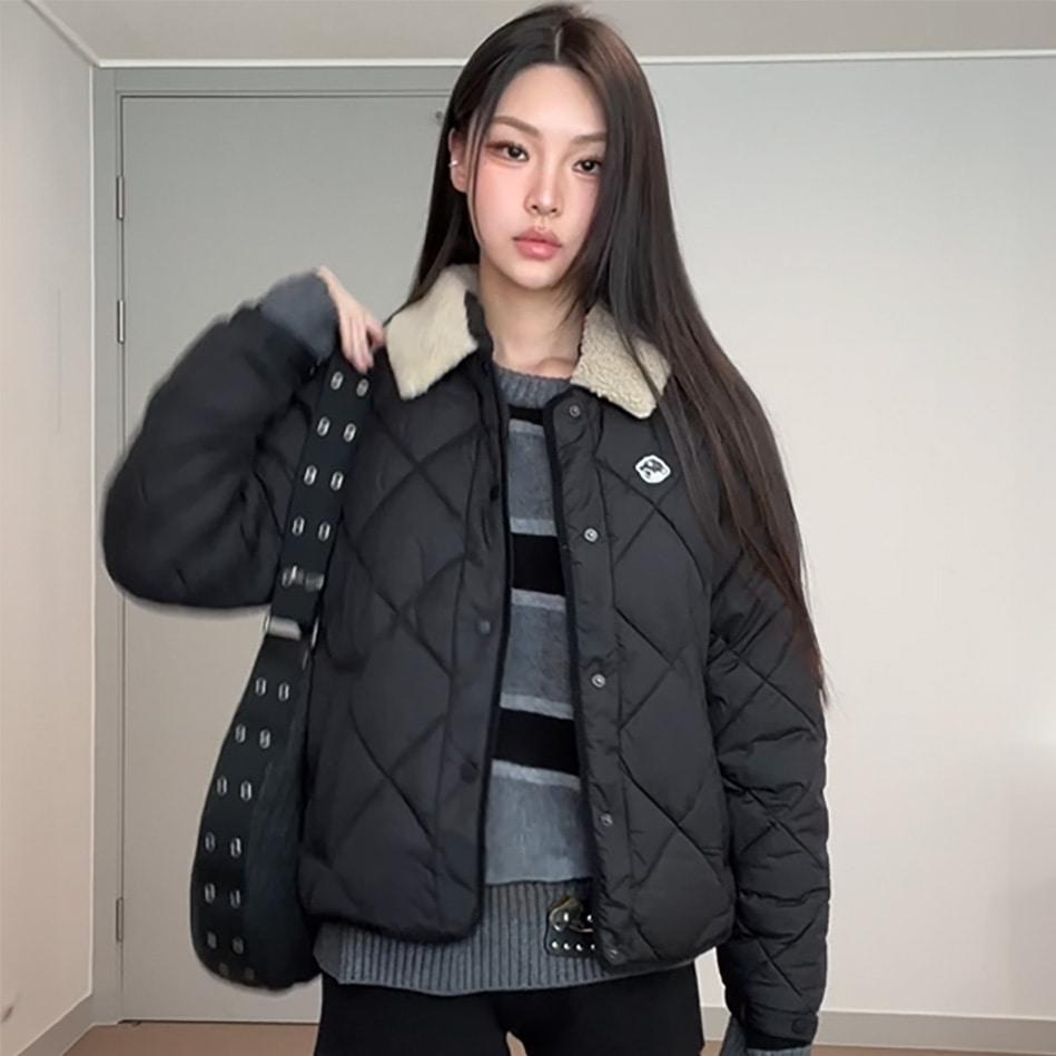 행텐 여성 폴리 라이트 웨이트 퍼 카라 퀼팅 점퍼_블랙