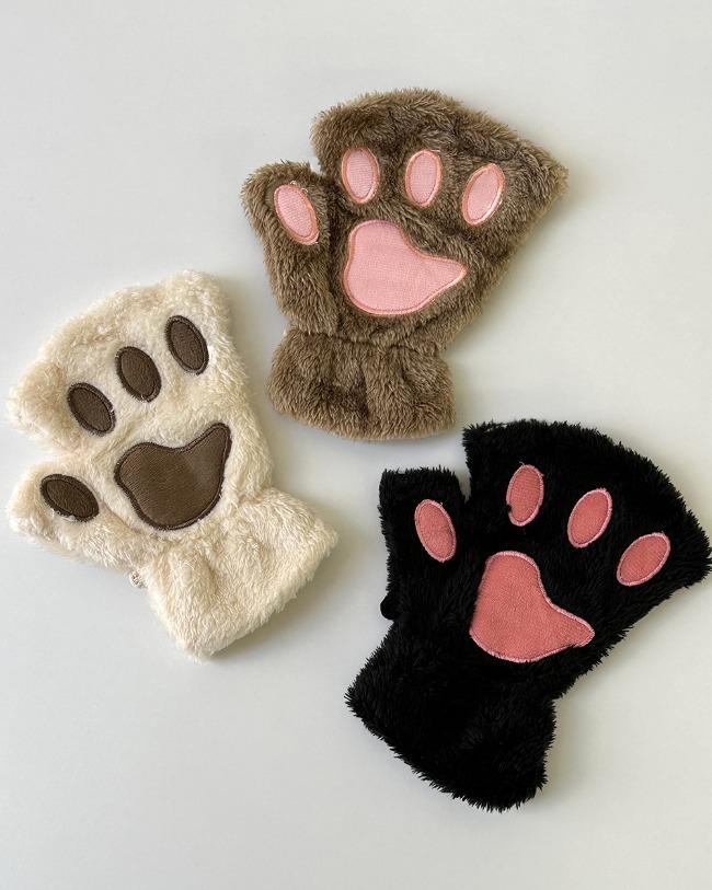온디드 스키드 곰 고양이 발바닥 핸드워머 장갑 털장갑 반장갑