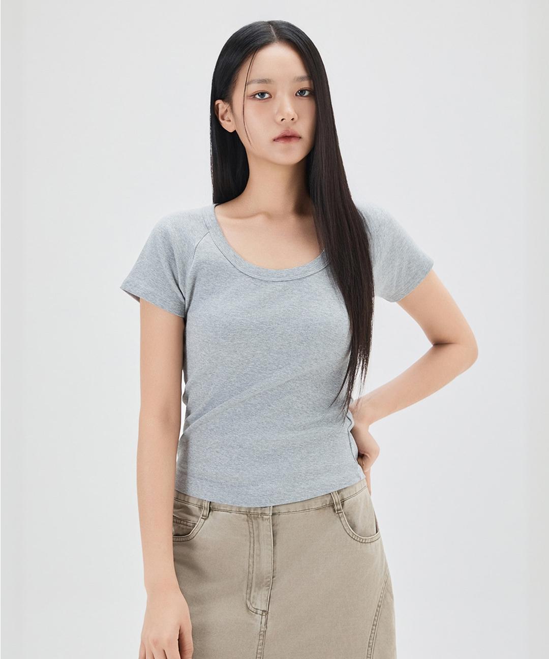 미쏘 골지 U넥 반팔 티셔츠_MIWHWG410A