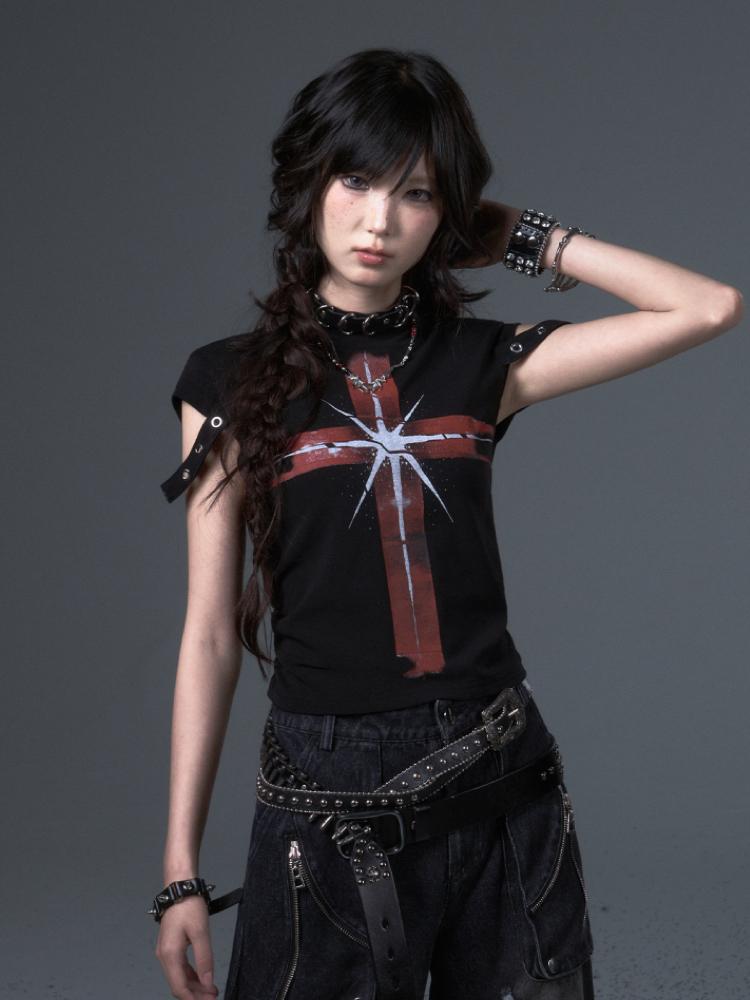 Lost Back Garden Punk Straight Cross Short Sleeve T-Shirt