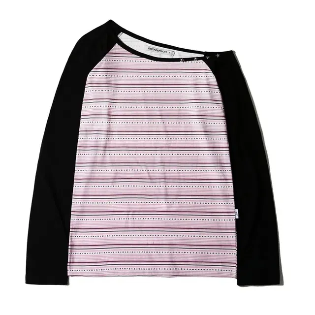 핑크 스타 로고 스트라이프 풀프린트 별 리벳 포인트 원숄더 롱슬리브 블랙