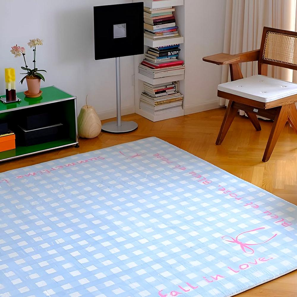 띠네마네 원룸러그 리본 체크패턴 식탁카페트 층간소음방지매트 워셔블러그 공간분리 거실카페트