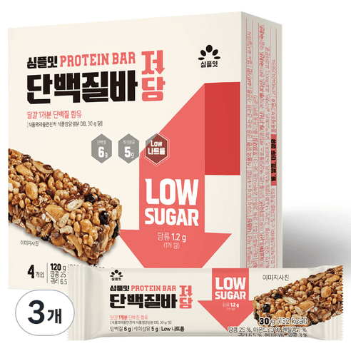 심플잇 단백질바 저당 4p, 120g, 3개 - 원물간식 | 쿠팡