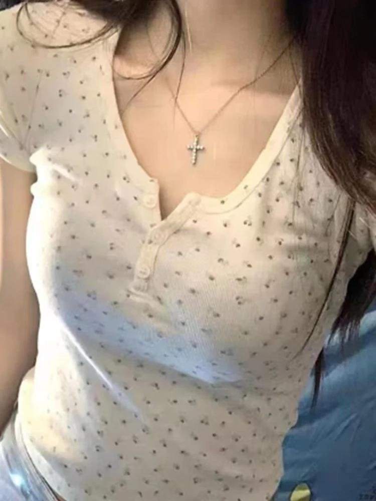 캐주얼 여성 소프트 코튼 플로랄 프린트 프론트 버튼 티셔츠, 2023 년 여름 패션 숙녀 O 넥 캐주얼 여성 반팔 상의